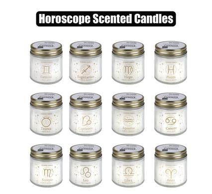 Candle in holder gls w/mtl lid horoscope