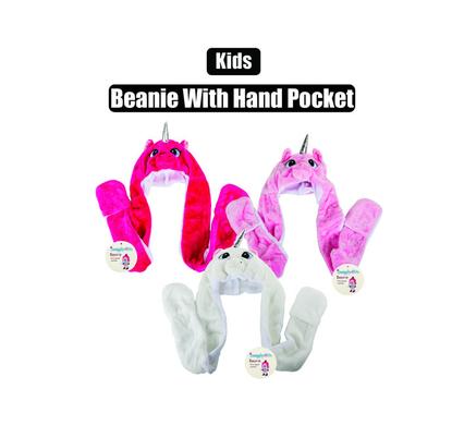 Beanie kids unicorn w/earflap+handpocket